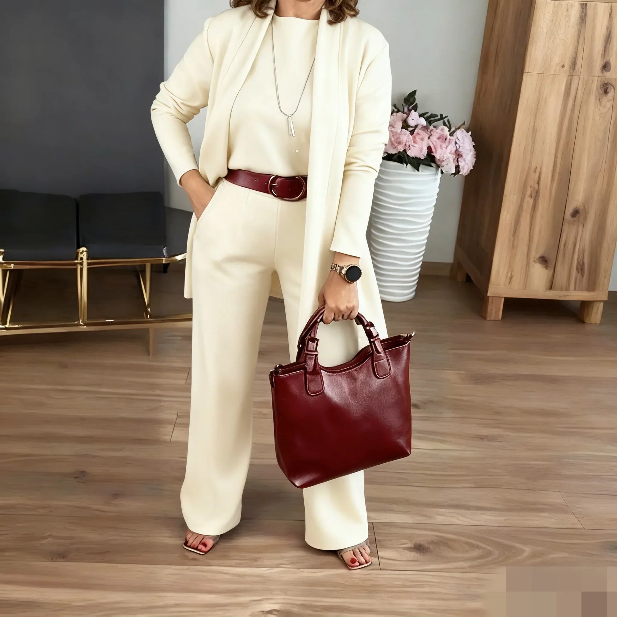 Elegante lange cardigan, top en broek, 3-delige set